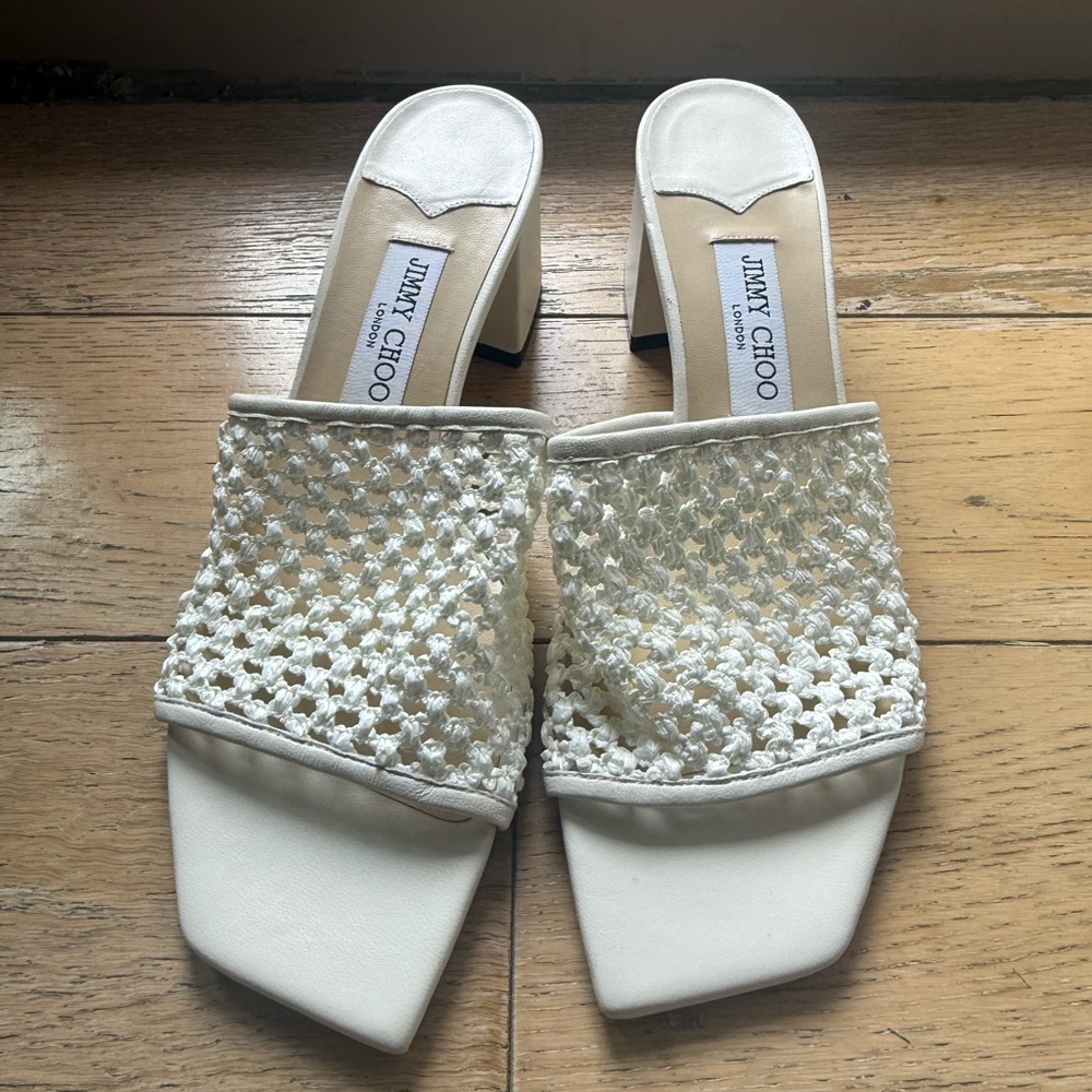 Jimmy Choo Themis Ivory Woven Heeled Sandals